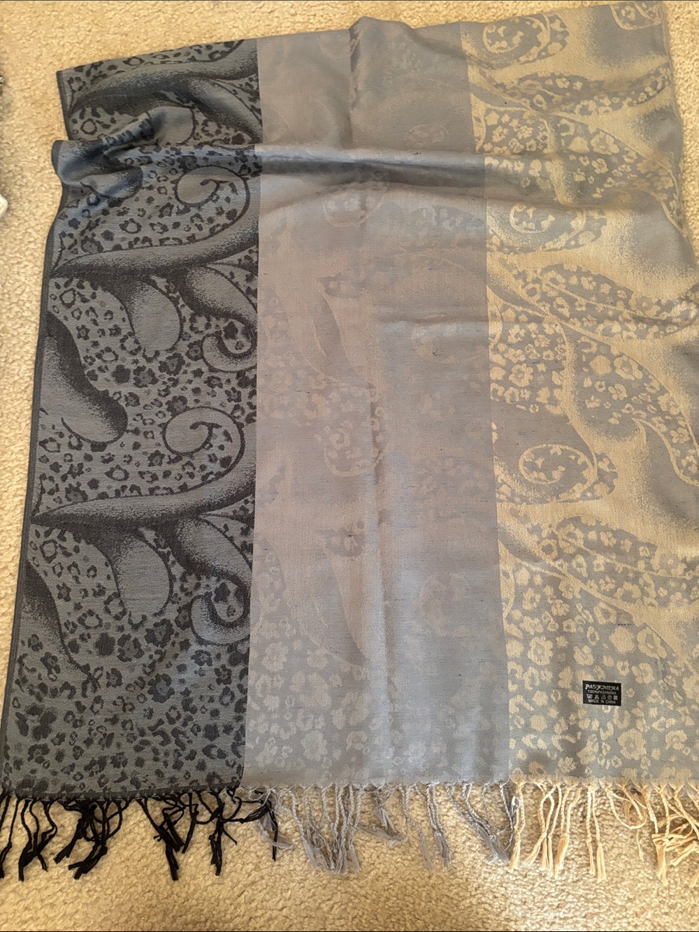 pashmina Two-Tone Blue Gray Paisley & Animal Print Wrap